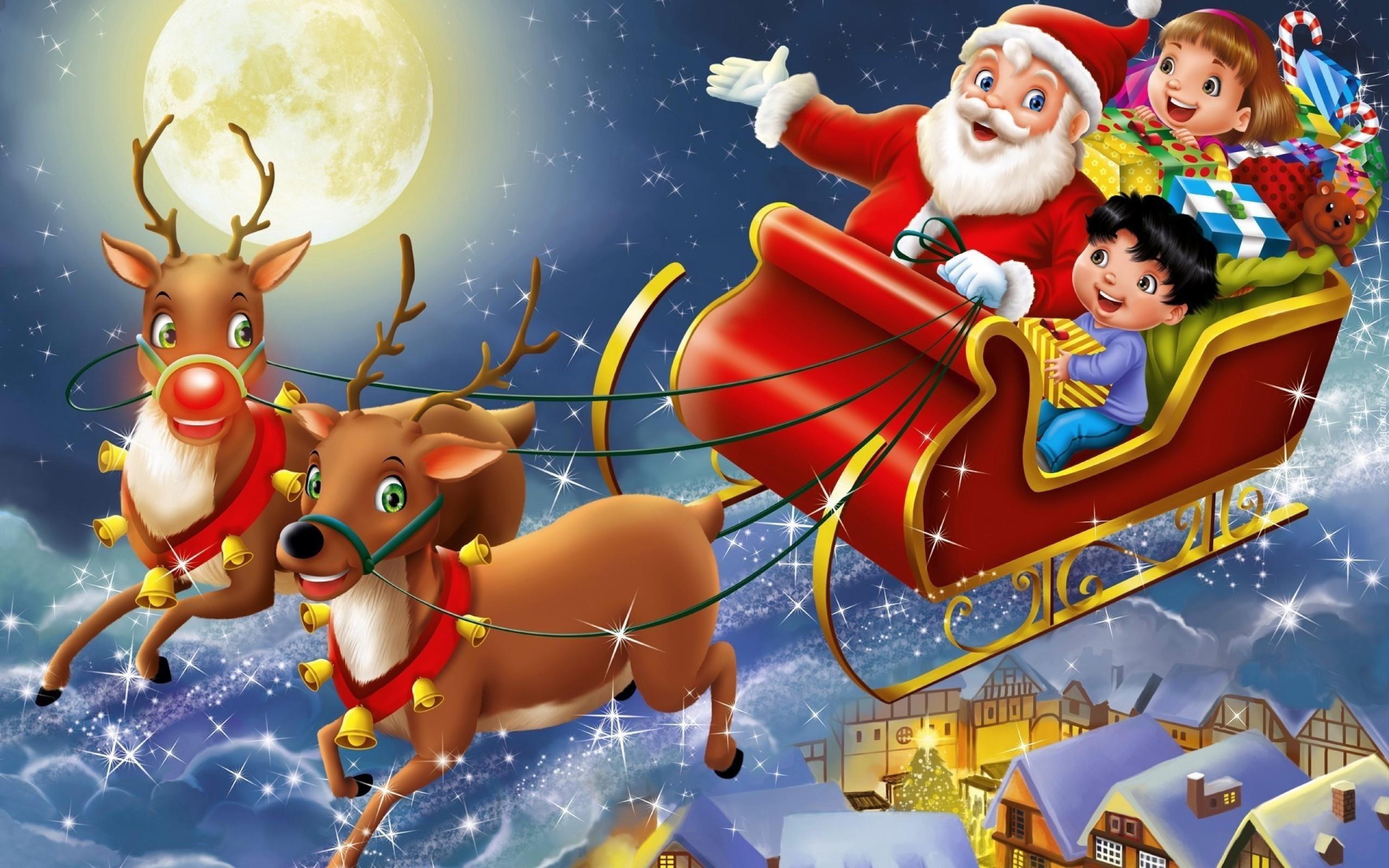 Renifery ciągnące sanie z Mikołajem i dziećmi
